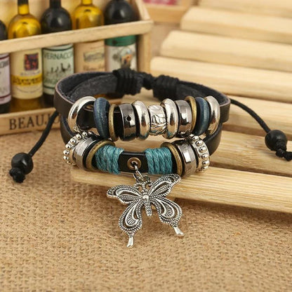 1Pcs Fashion Women Men Vintage Multilayer Butterfly Wood Bead Leather Braided Strand Bracelet
