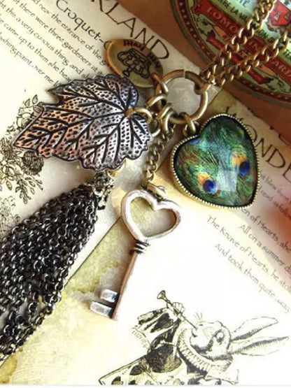 High Quality Retro Peacock Feather Key Necklace