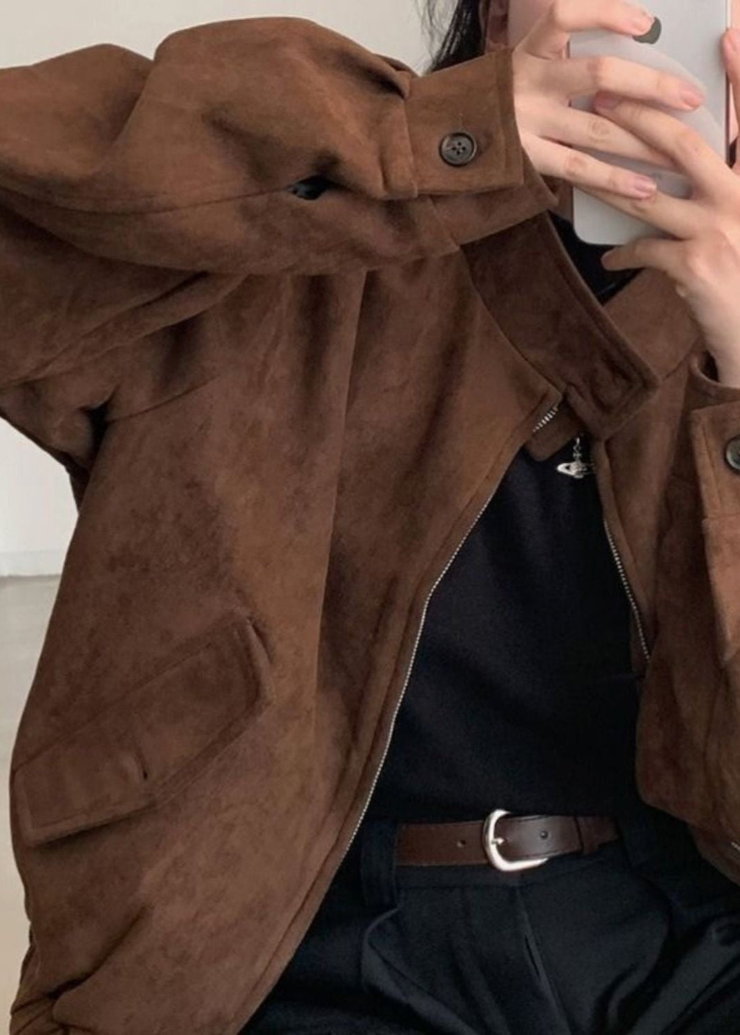 Suede Oversized Jacket Brown Casual Outerwear