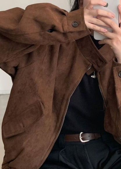 Suede Oversized Jacket Brown Casual Outerwear