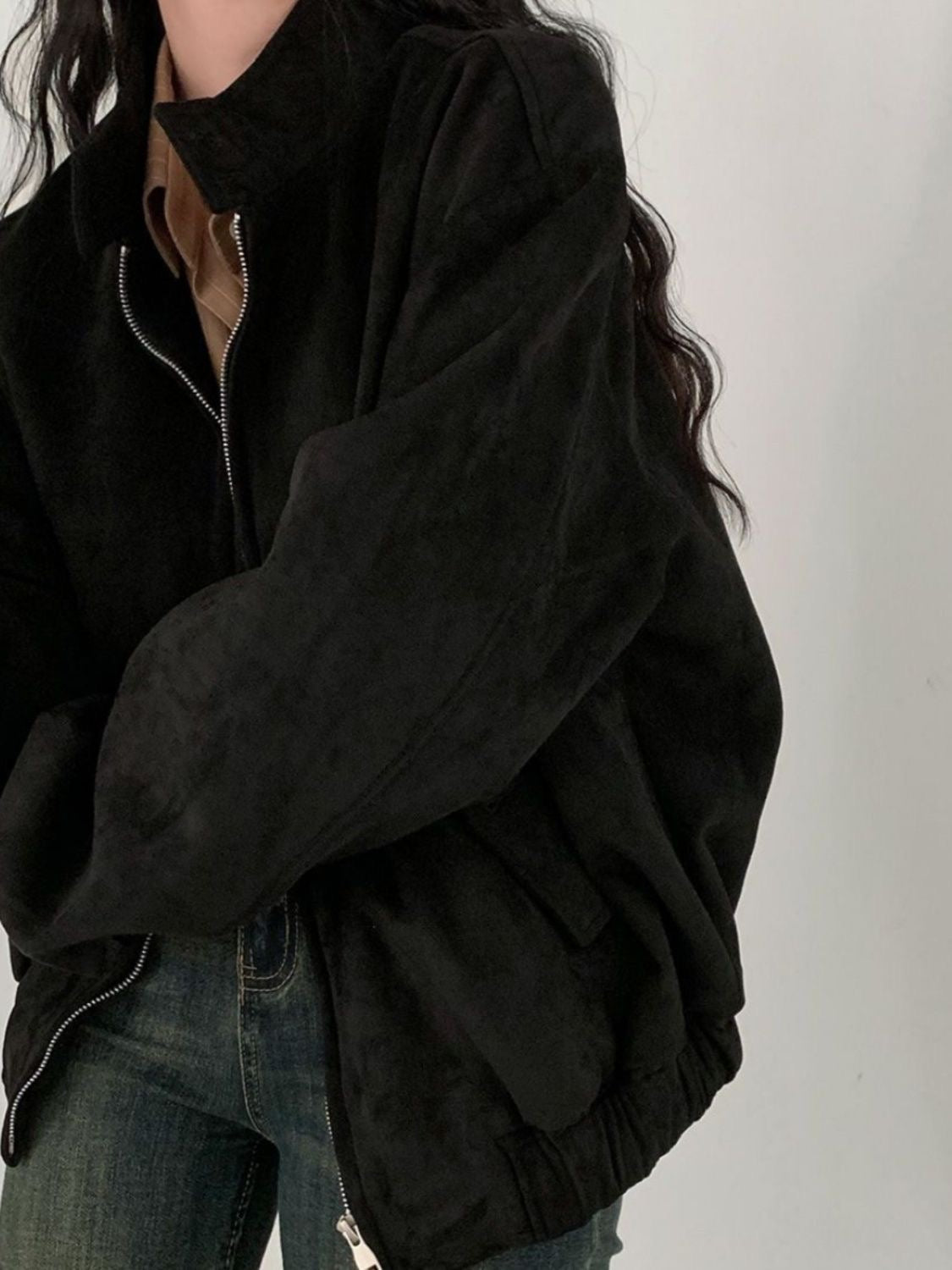 Suede Oversized Jacket Brown Casual Outerwear