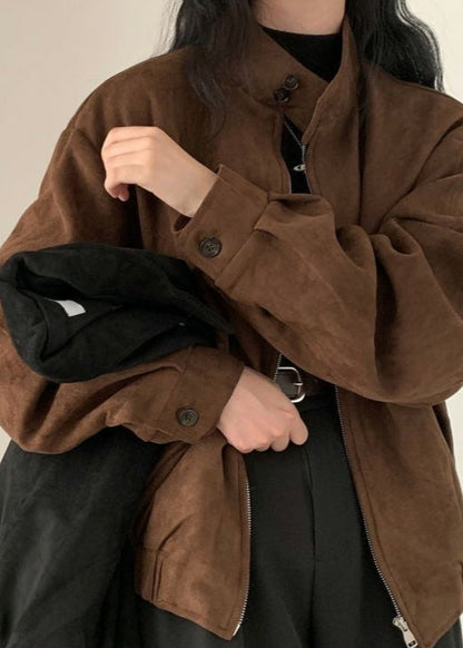 Suede Oversized Jacket Brown Casual Outerwear