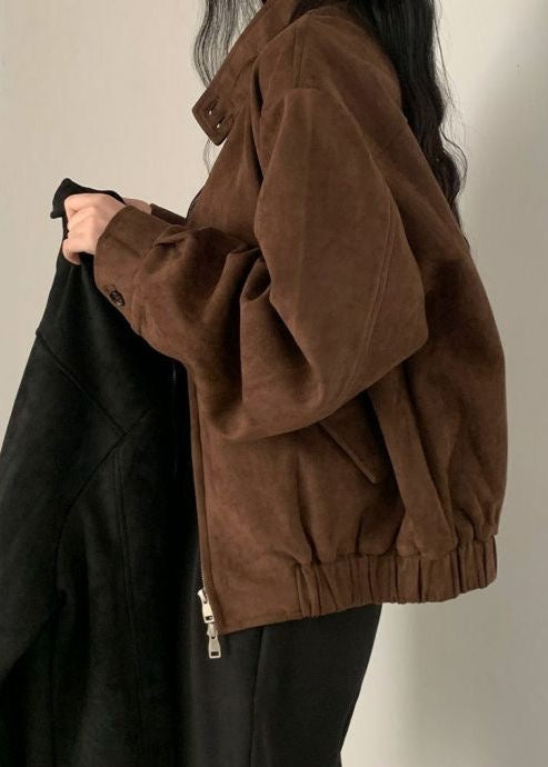 Suede Oversized Jacket Brown Casual Outerwear