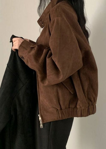 Suede Oversized Jacket Brown Casual Outerwear