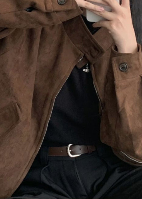 Suede Oversized Jacket Brown Casual Outerwear