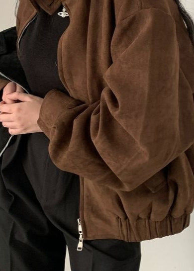 Suede Oversized Jacket Brown Casual Outerwear
