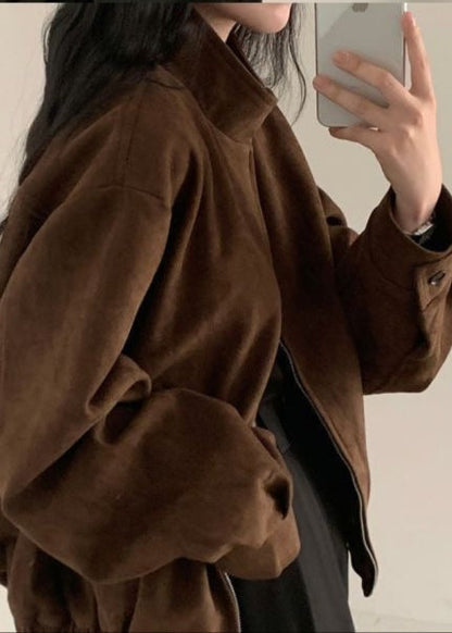 Suede Oversized Jacket Brown Casual Outerwear