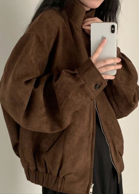 Suede Oversized Jacket Brown Casual Outerwear