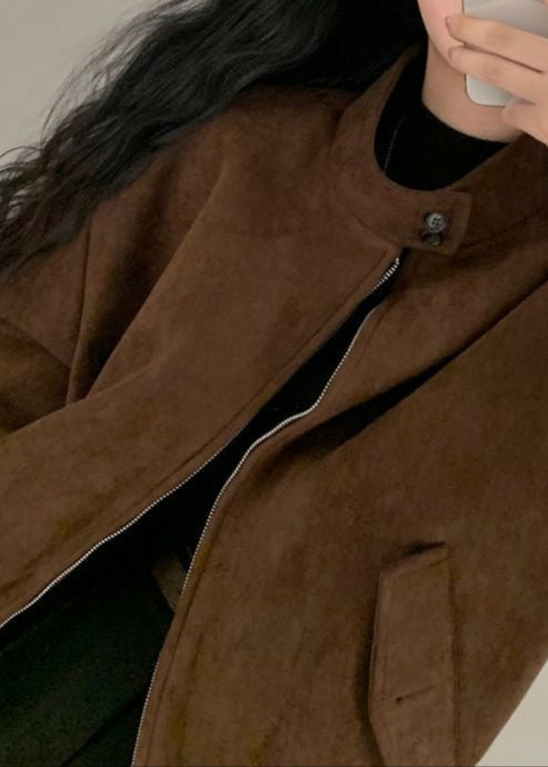 Suede Oversized Jacket Brown Casual Outerwear
