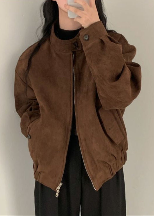 Suede Oversized Jacket Brown Casual Outerwear