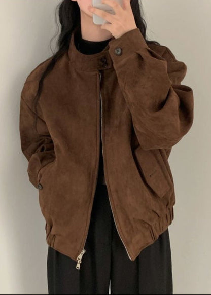 Suede Oversized Jacket Brown Casual Outerwear