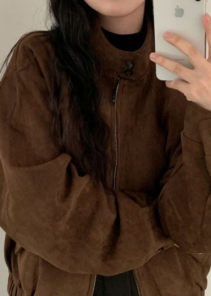 Suede Oversized Jacket Brown Casual Outerwear