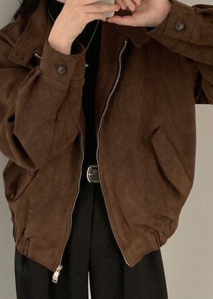 Suede Oversized Jacket Brown Casual Outerwear
