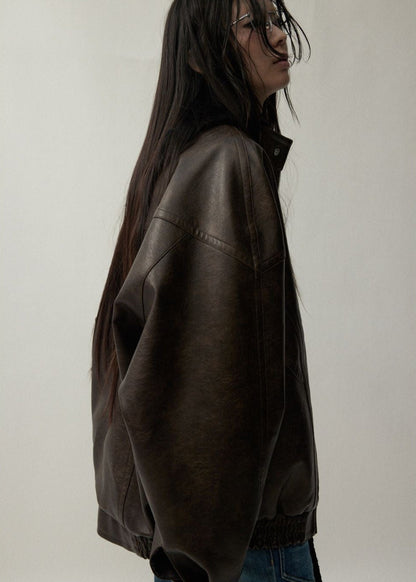 Oversized Brown Faux Leather Jacket Unisex Fit