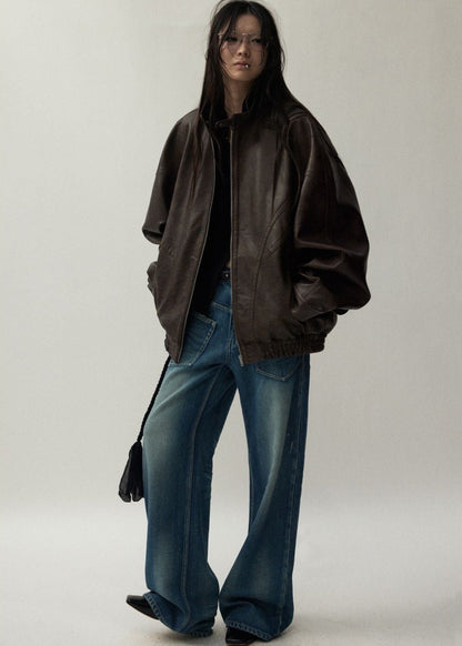 Oversized Brown Faux Leather Jacket Unisex Fit