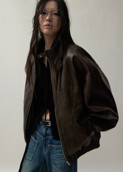 Oversized Brown Faux Leather Jacket Unisex Fit