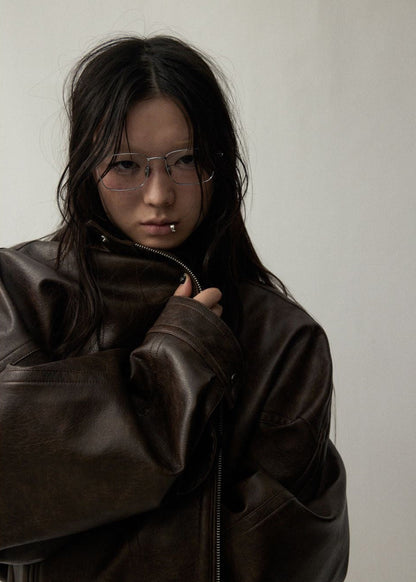Oversized Brown Faux Leather Jacket Unisex Fit