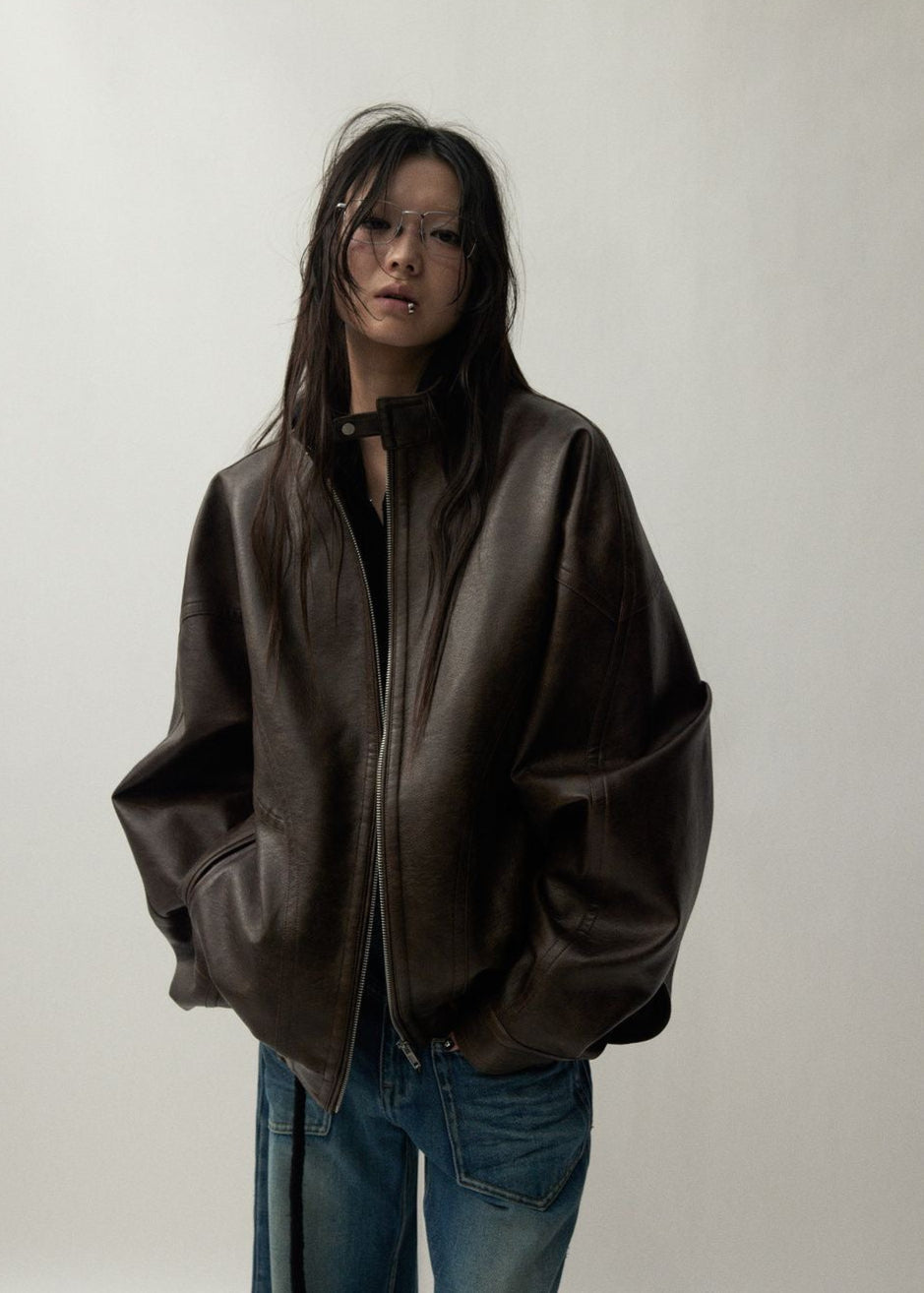 Oversized Brown Faux Leather Jacket Unisex Fit