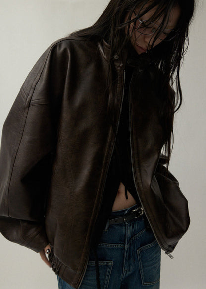 Oversized Brown Faux Leather Jacket Unisex Fit
