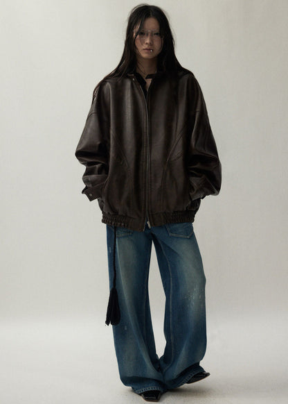 Oversized Brown Faux Leather Jacket Unisex Fit