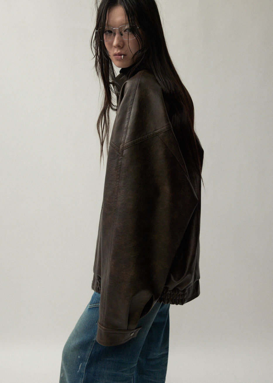 Oversized Brown Faux Leather Jacket Unisex Fit