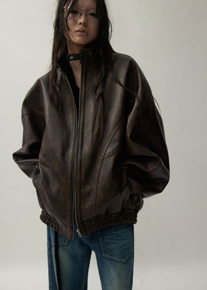 Oversized Brown Faux Leather Jacket Unisex Fit
