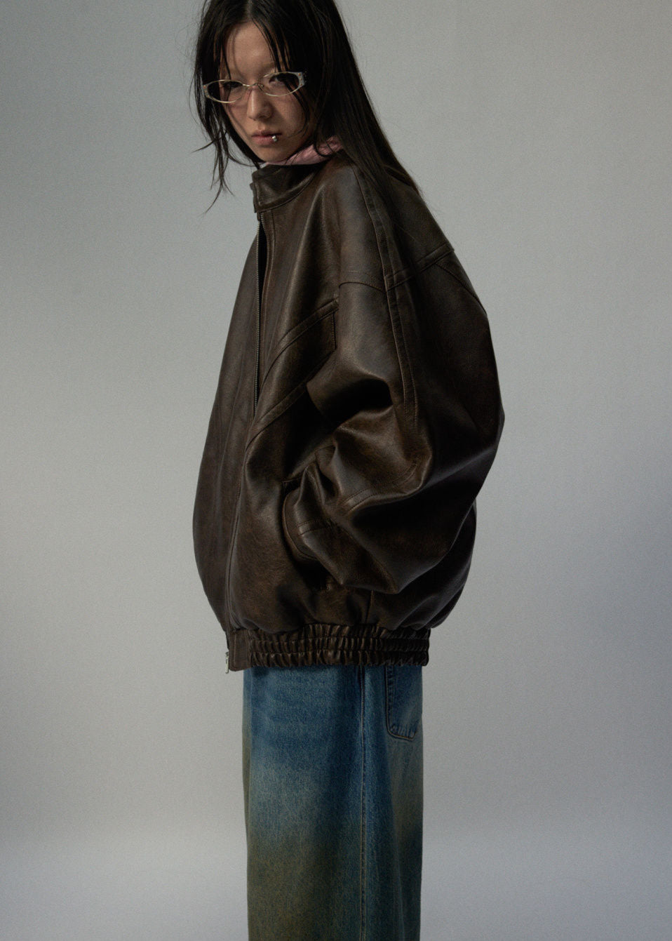 Oversized Brown Faux Leather Jacket Unisex Fit
