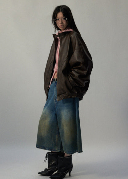 Oversized Brown Faux Leather Jacket Unisex Fit