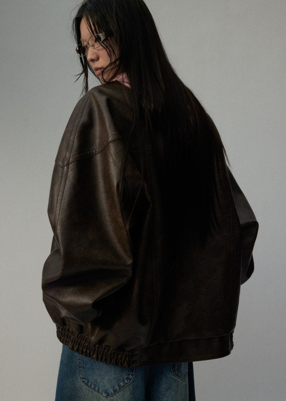 Oversized Brown Faux Leather Jacket Unisex Fit