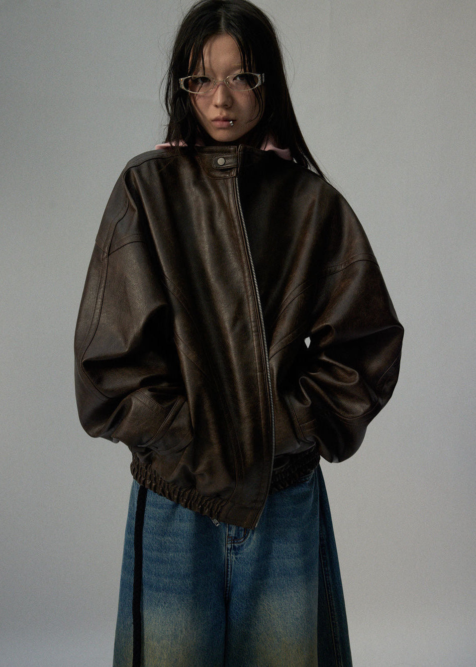 Oversized Brown Faux Leather Jacket Unisex Fit