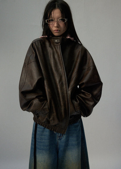 Oversized Brown Faux Leather Jacket Unisex Fit
