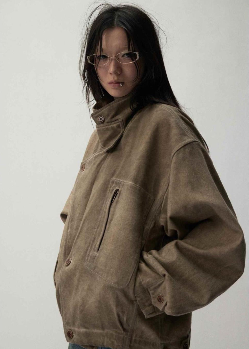 Unisex Oversized Canvas Jacket with High Collar