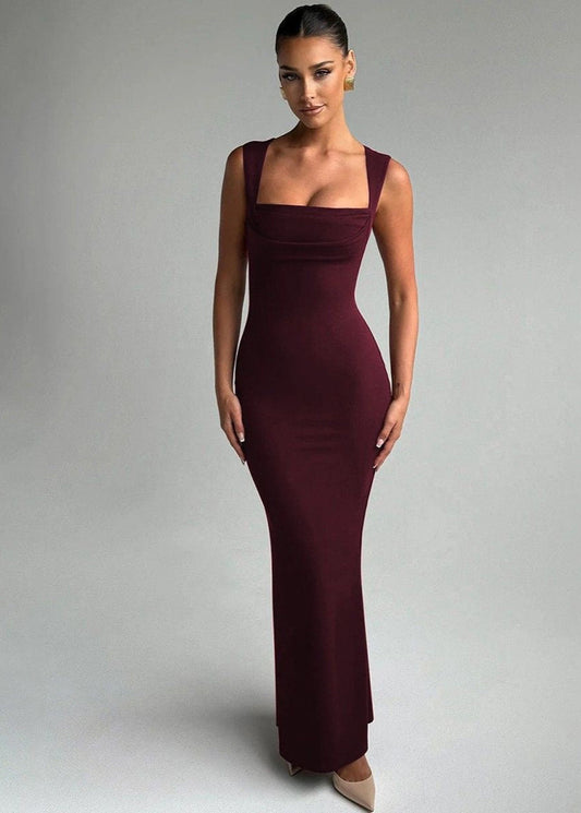 Square Neck Sleeveless Bodycon Maxi Dress Burgundy