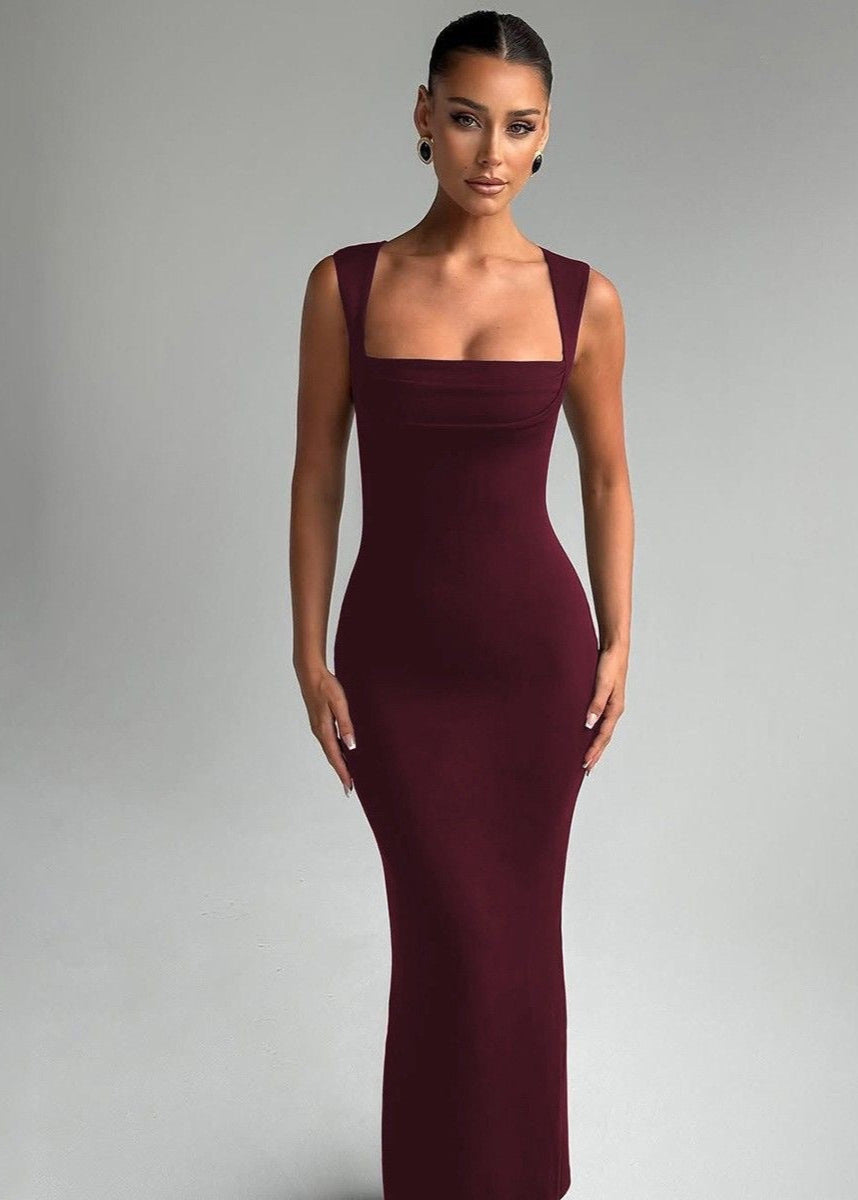 Square Neck Sleeveless Bodycon Maxi Dress Burgundy
