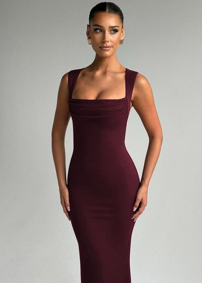 Square Neck Sleeveless Bodycon Maxi Dress Burgundy