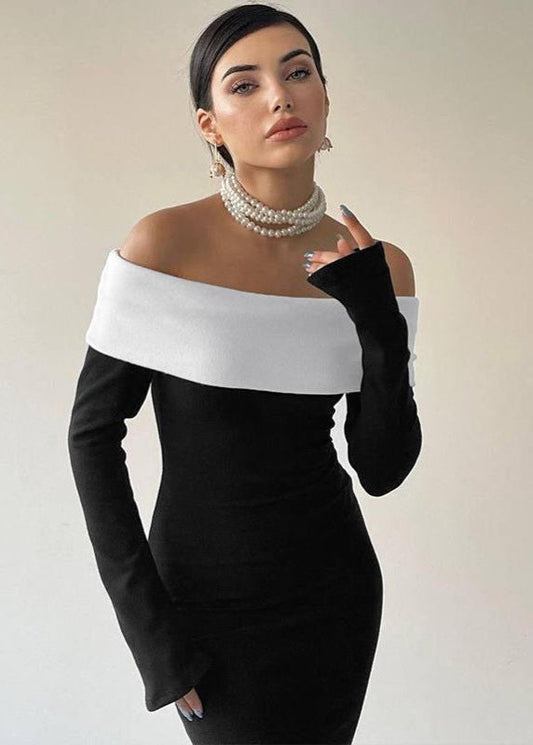 Off Shoulder Contrast Maxi Dress In Stretch Fabric