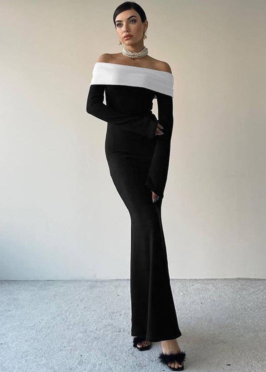 Off Shoulder Contrast Maxi Dress In Stretch Fabric