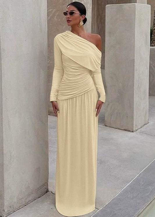 One Shoulder Draped Maxi Dress In Lightweight Stretch Fabric