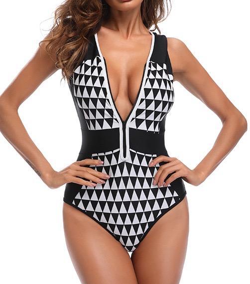 Vintage Black And White Pattern Swimsuit Monokini One Piece Swimwear With Zip