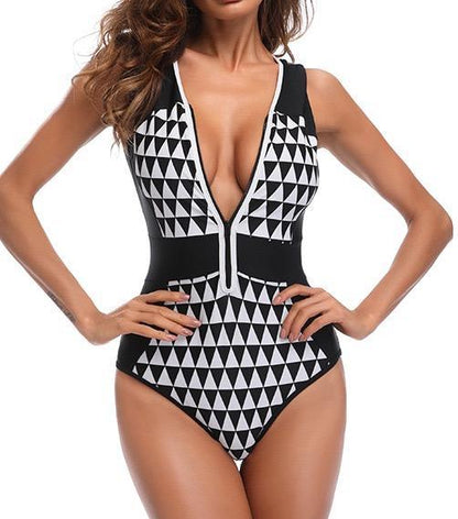 Vintage Black And White Pattern Swimsuit Monokini One Piece Swimwear With Zip
