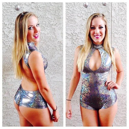 Bling Dazzling Holographic Sequins Backless Bodysuits Sexy One Piece Swimming Suits