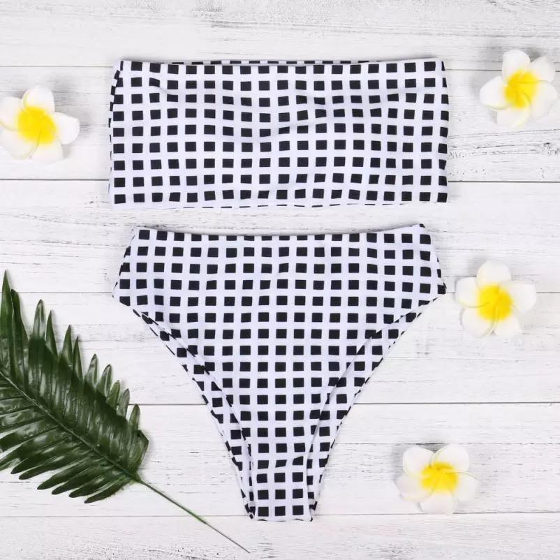 Bikini Set Swimwear Push-Up Padded Plaid Bra Swimsuit Beachwear Strapless Bikini
