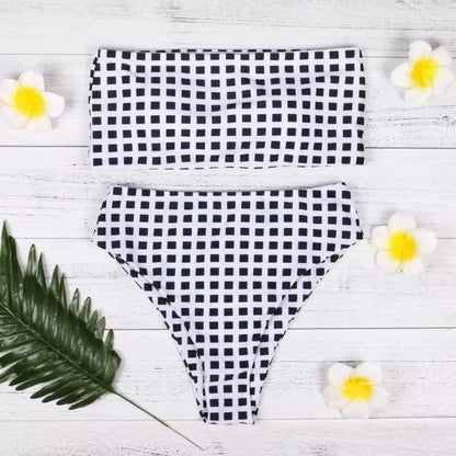 Bikini Set Swimwear Push-Up Padded Plaid Bra Swimsuit Beachwear Strapless Bikini