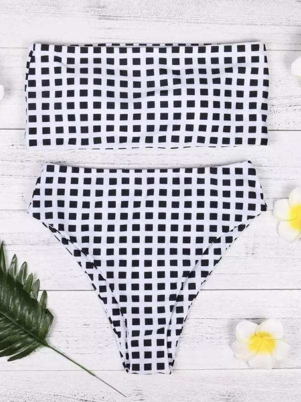 Bikini Set Swimwear Push-Up Padded Plaid Bra Swimsuit Beachwear Strapless Bikini