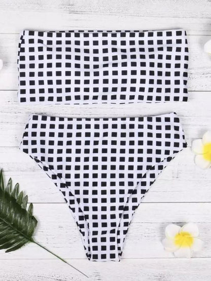Bikini Set Swimwear Push-Up Padded Plaid Bra Swimsuit Beachwear Strapless Bikini