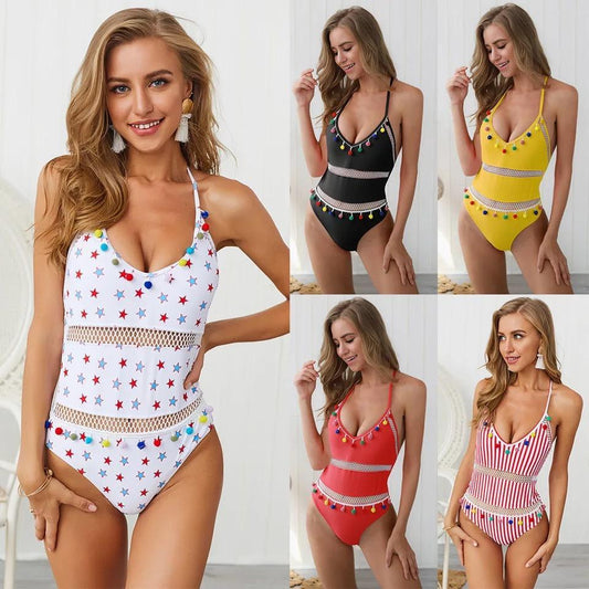 Hollow Bombom Tassel Hanging Neck Strap One-Piece Swimming