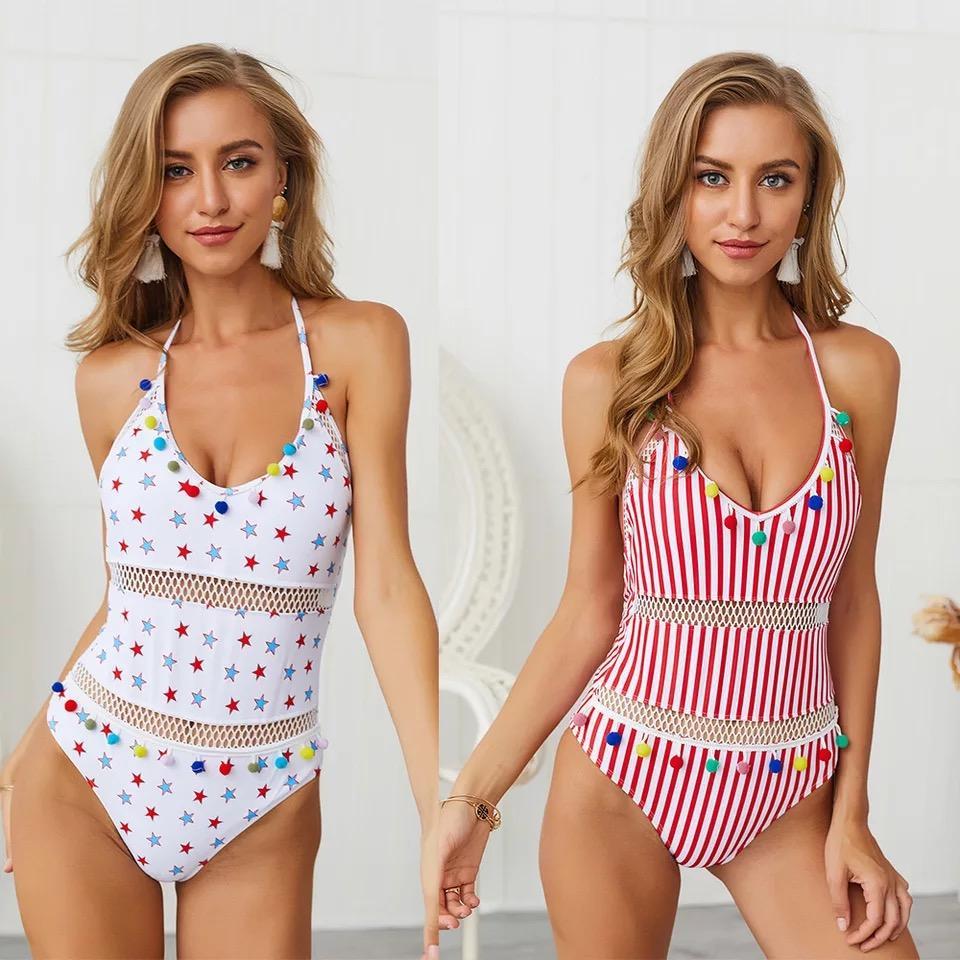 Hollow Bombom Tassel Hanging Neck Strap One-Piece Swimming