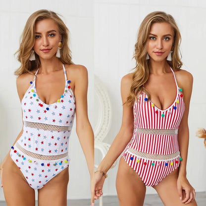 Hollow Bombom Tassel Hanging Neck Strap One-Piece Swimming