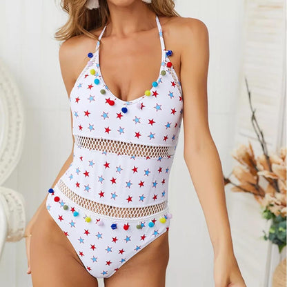 Hollow Bombom Tassel Hanging Neck Strap One-Piece Swimming