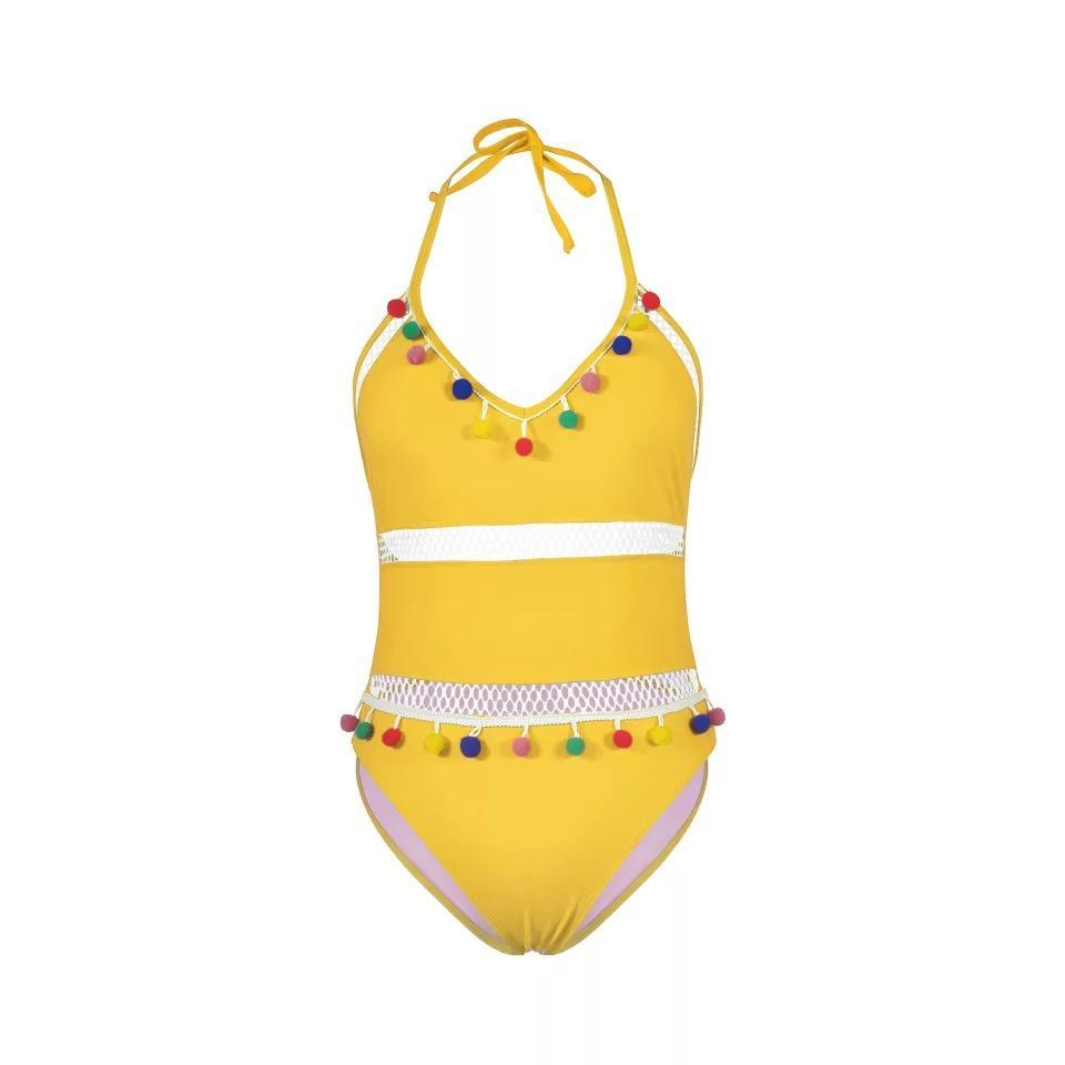 Hollow Bombom Tassel Hanging Neck Strap One-Piece Swimming